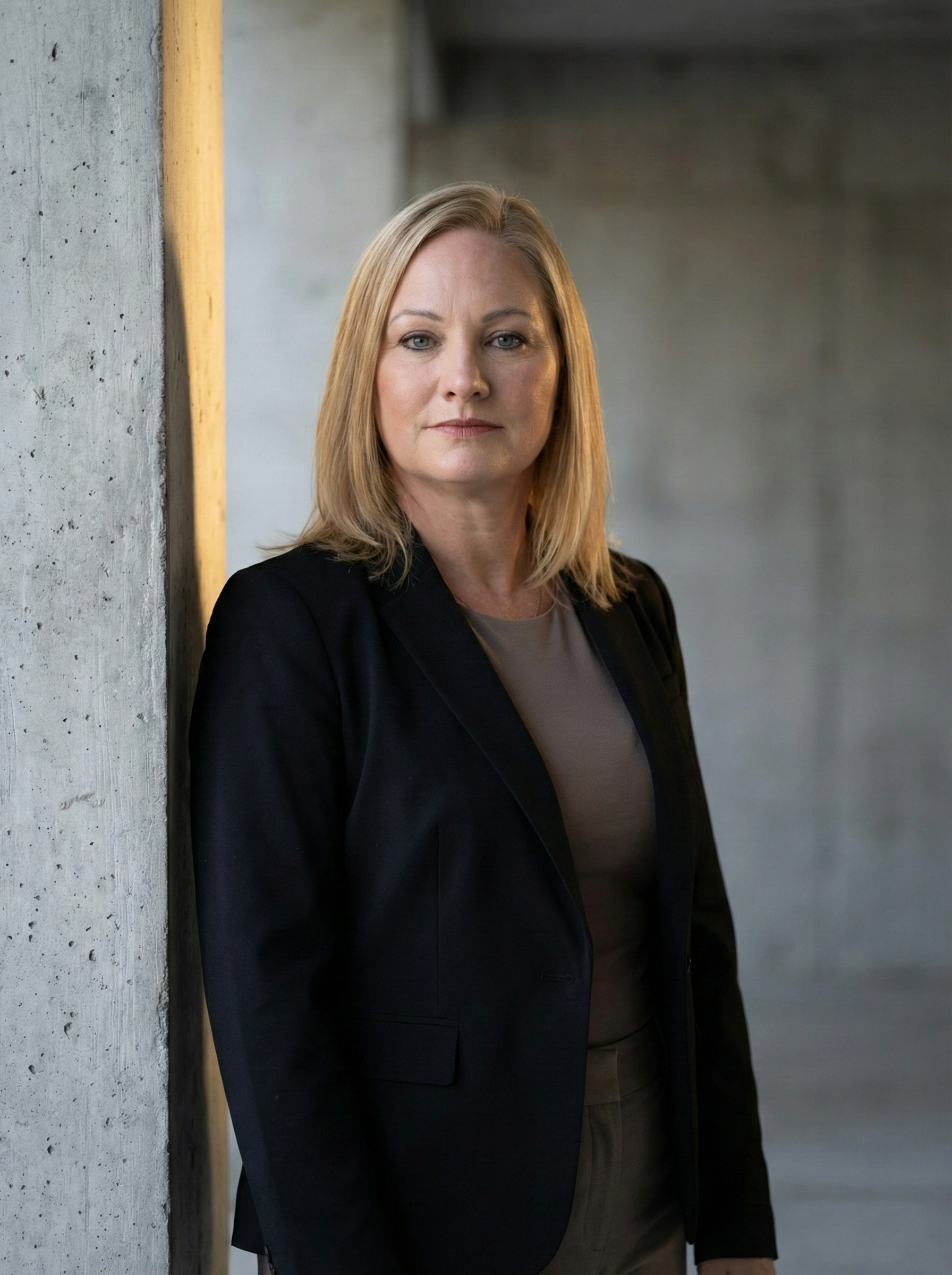 Woman standing against a cement wall